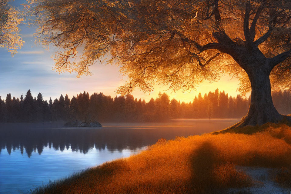 Majestic tree with golden leaves by serene lake at sunrise