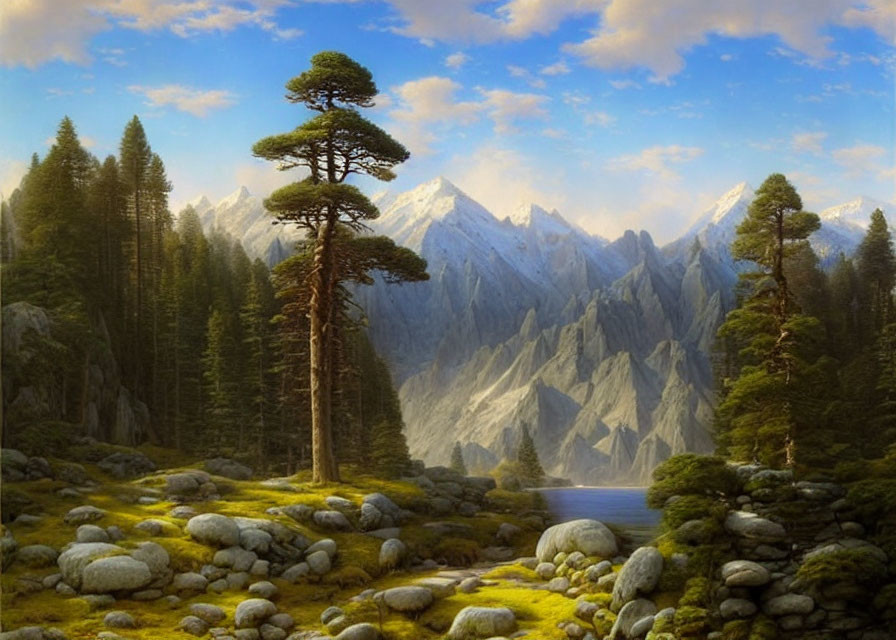 Tranquil landscape with towering mountains, calm lake, coniferous trees, grass, and rocks