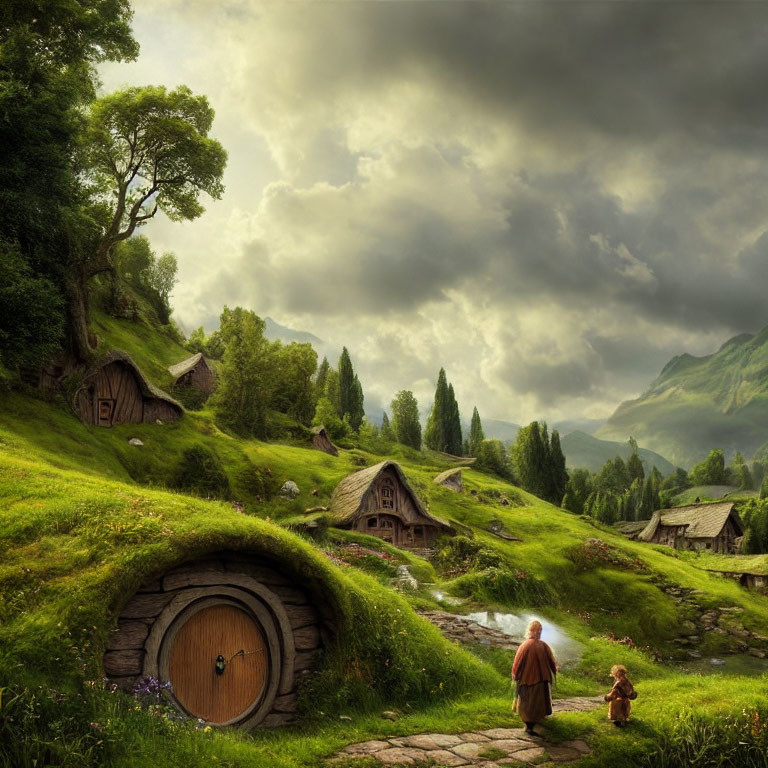 Green hills with hobbit-like houses and figure with child on stone path under dramatic sky