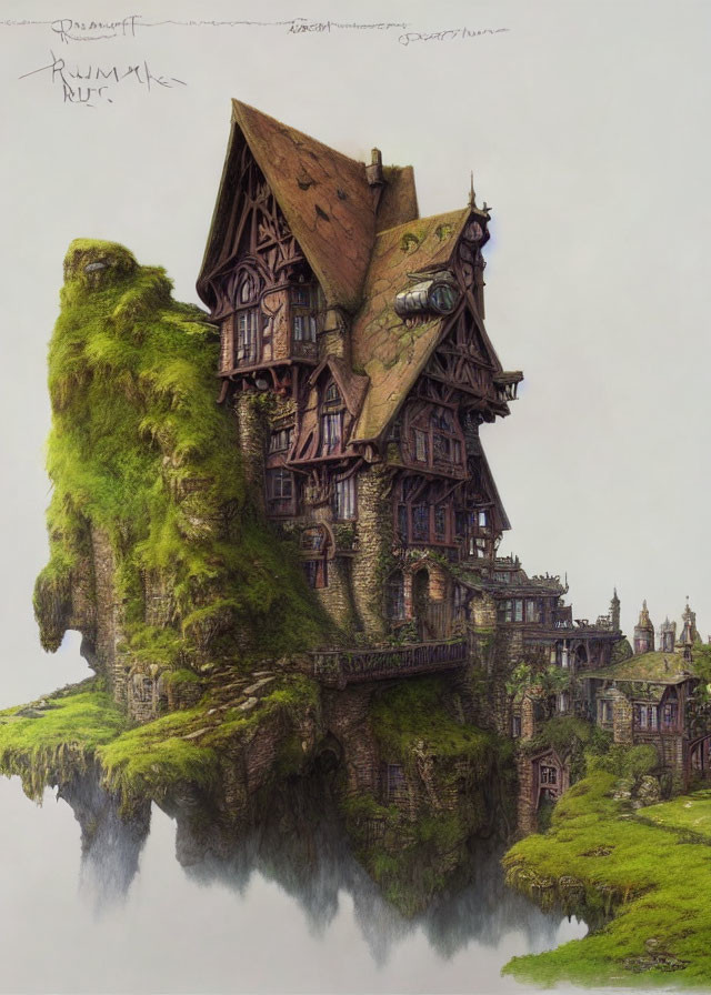 Whimsical multi-story house on moss-covered cliff