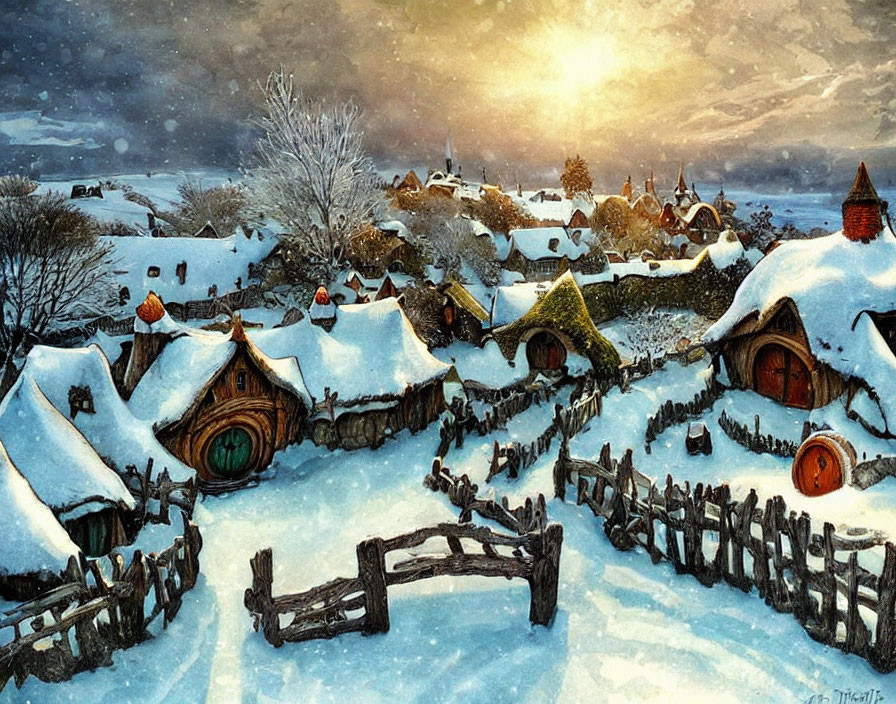 Snow-covered village with thatched-roof houses and warm sunset glow