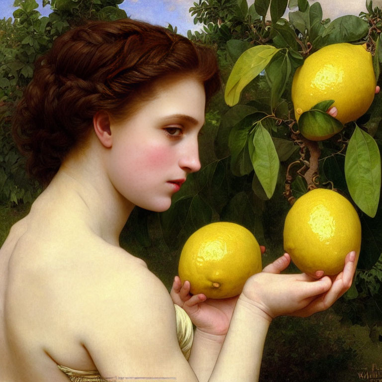 Classical painting of woman with lemon tree background