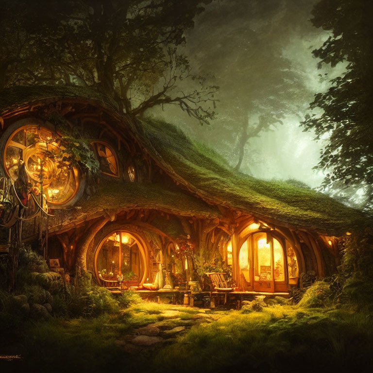 Enchanting forest scene with illuminated hobbit-style house nestled under tree