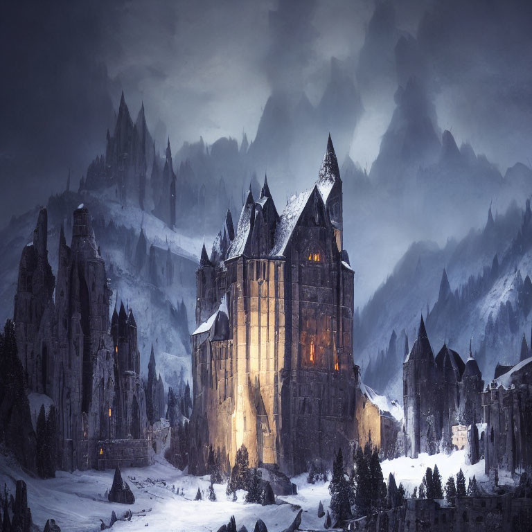 Snowy landscape: Illuminated castle at dusk among misty mountains