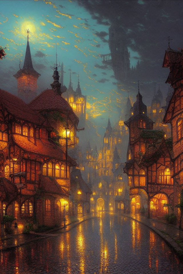 Historic cobblestone street with half-timbered houses, castle under twilight sky