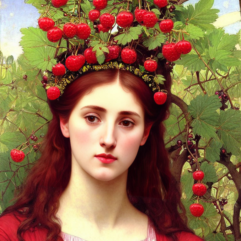 Portrait of Woman with Serene Expression and Crown of Green Leaves and Strawberries in Auburn Hair