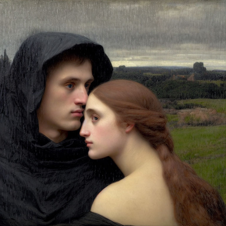 Man in Black Hooded Cloak and Woman with Auburn Hair in Somber Expression on Landscape Background