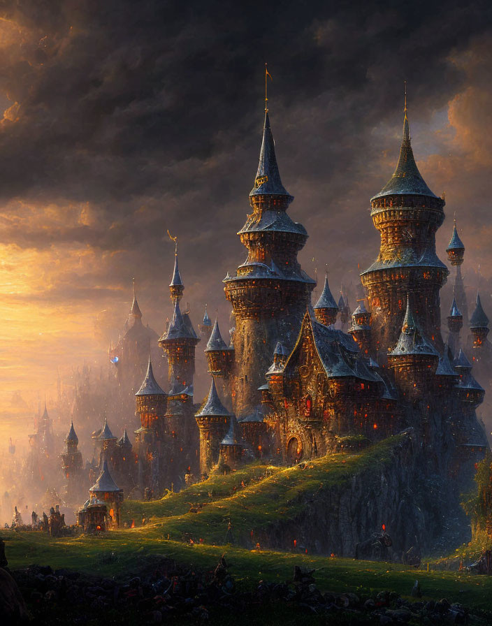 Fantasy castle on cliff at sunset with warm light and dark clouds