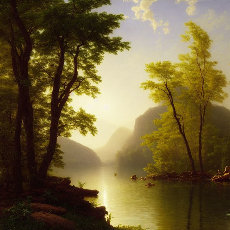 Tranquil landscape with tall trees, calm river, and distant mountains at sunrise or sunset