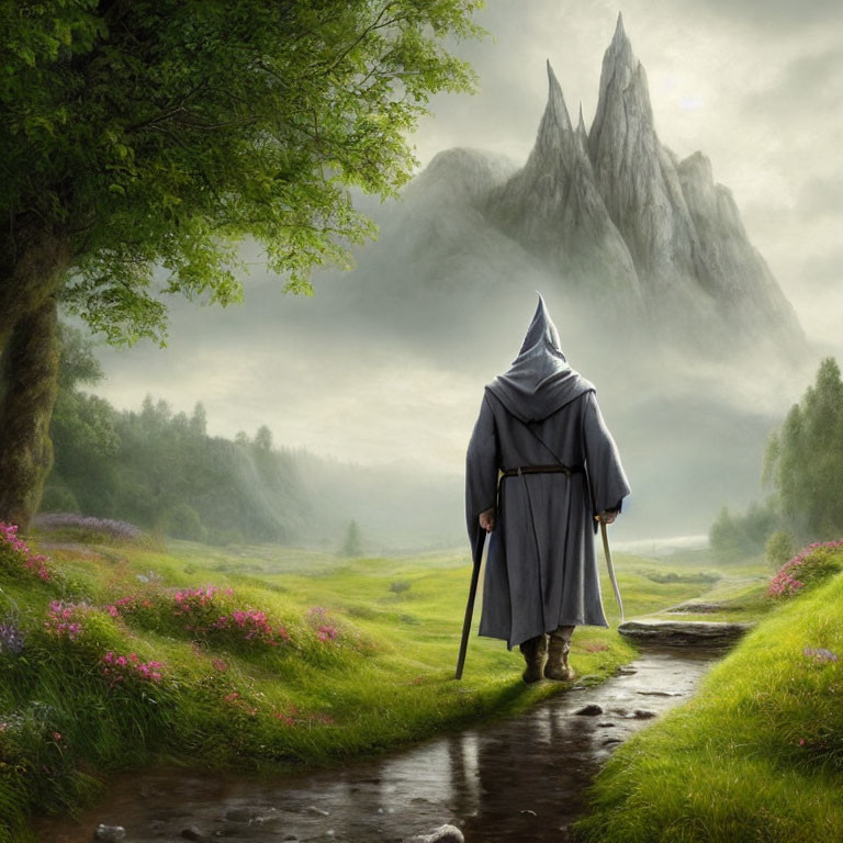 Cloaked figure with staff in mystical mountain landscape