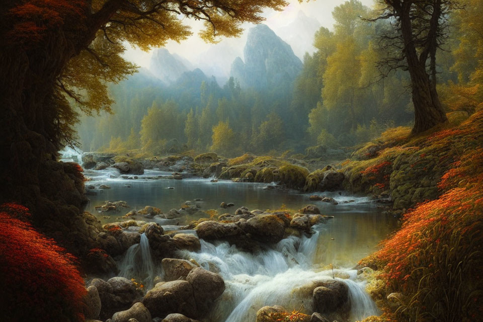 Tranquil autumn landscape with babbling brook and colorful foliage