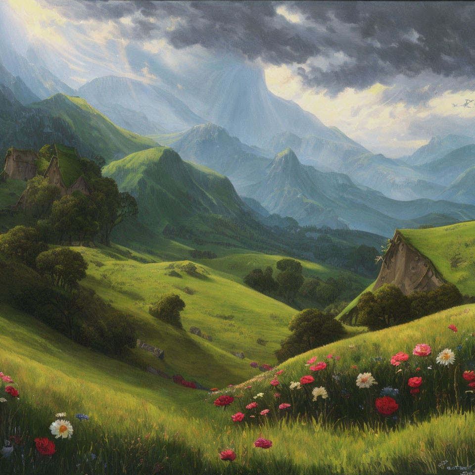 Scenic landscape with green valleys, flowers, houses, and mountains