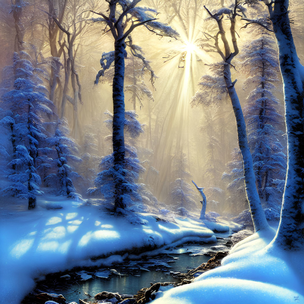 Misty snow-covered forest with sunlight streaming through