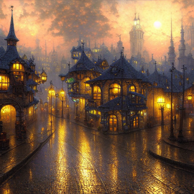 Old-fashioned town with cobblestone street and warm lanterns