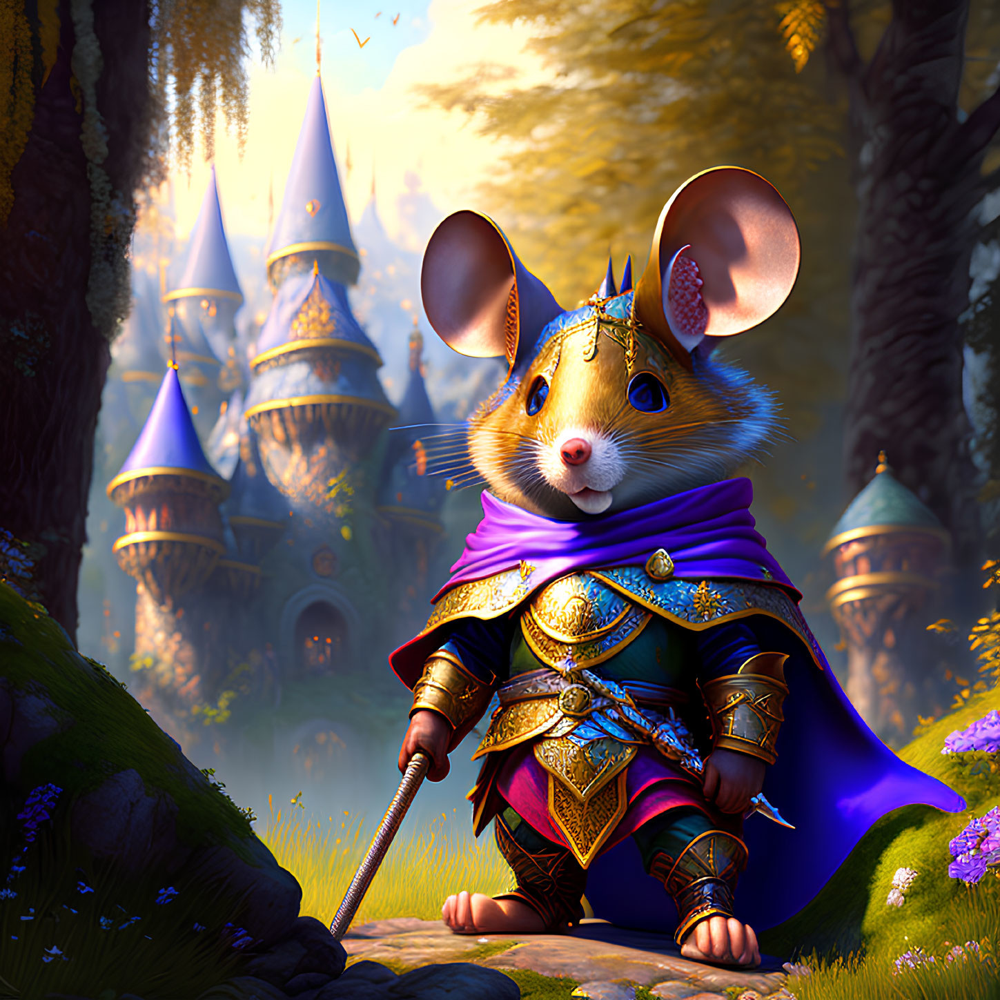 Mouse Knight in Regal Armor Stands by Fantasy Castle