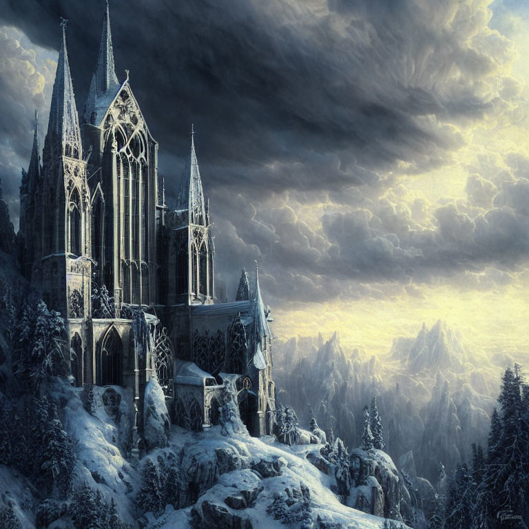 Gothic cathedral on snowy cliff with dramatic clouds and mountains