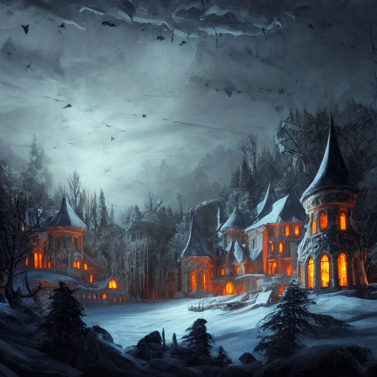 Gothic-style houses in snowy winter scene with flying bats