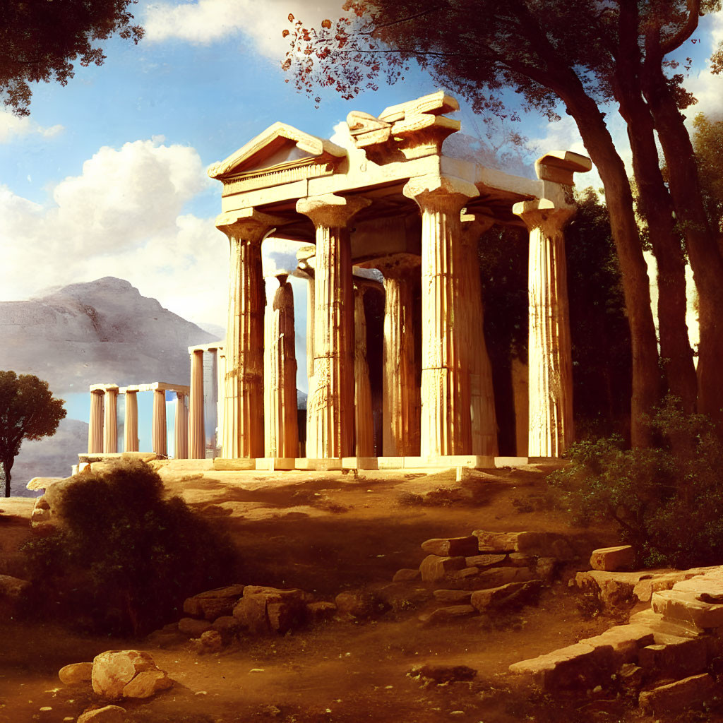 Ancient Greek temple ruin with Doric columns in tranquil forest setting