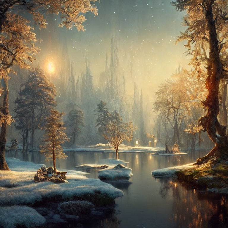 Snow-covered trees and river in mystical winter landscape at dusk