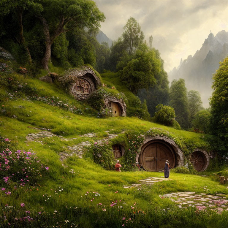 Whimsical landscape with hobbit-like houses, grassy hills, flowers, and figure with red