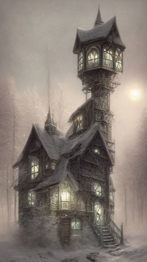 Victorian-style house with spire tower in snow-covered scene