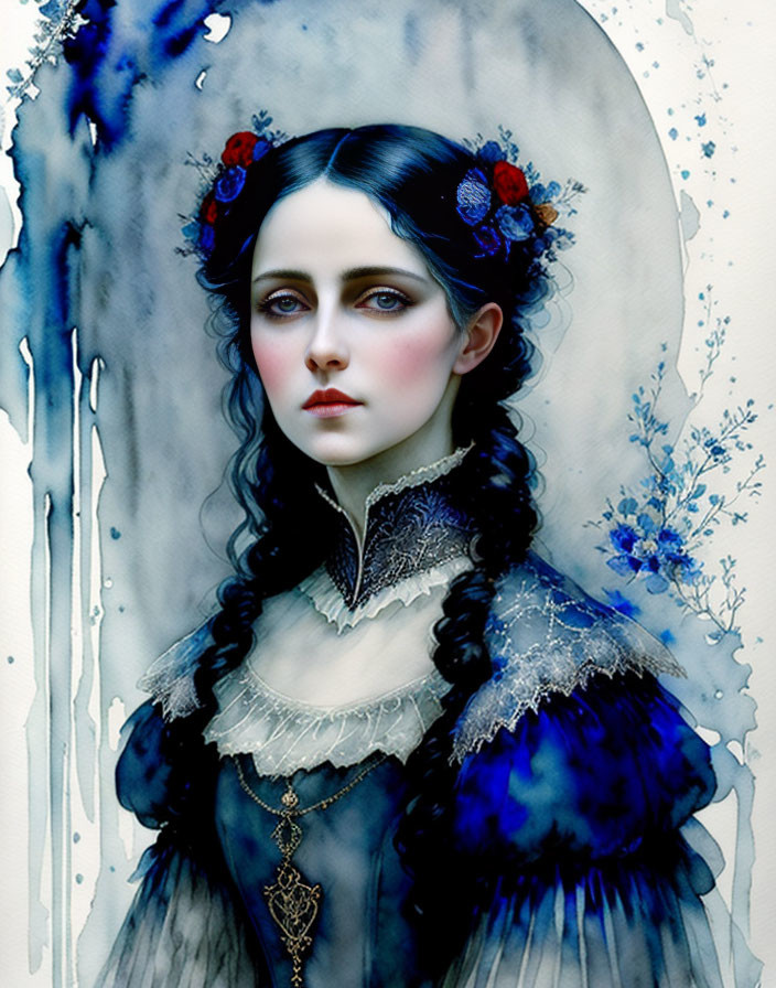 Gothic Victorian-style portrait of woman with dark hair and red flowers in blue and black dress