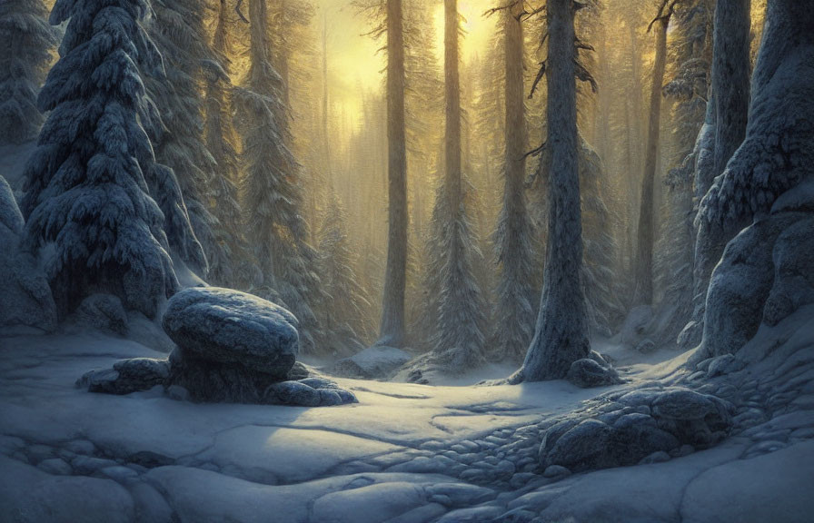 Winter forest scene with snow-covered floor and tall trees under sunlight rays