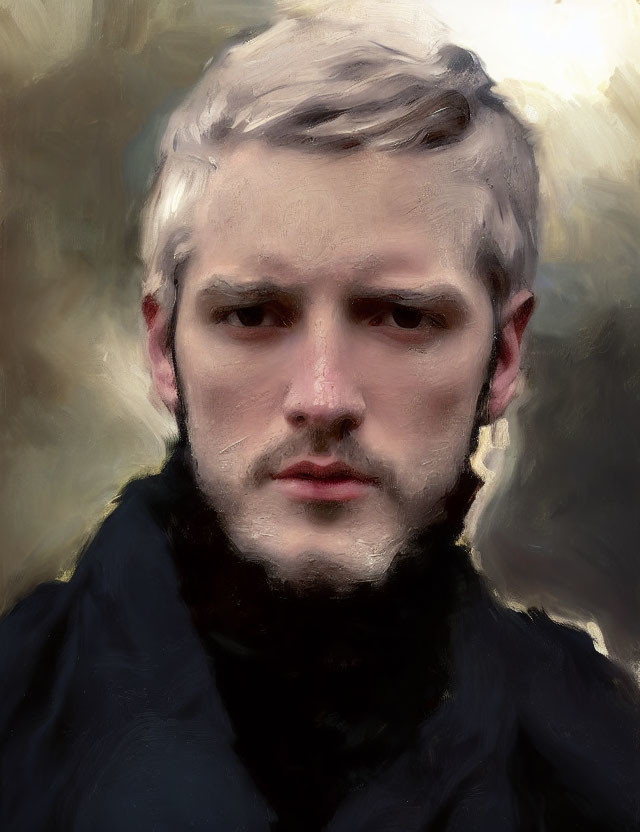 Young man with white hair and intense gaze in black garment - digital painting