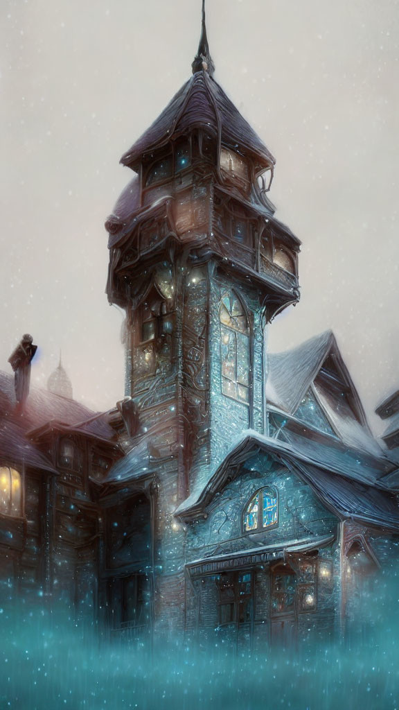 Snow-covered tower with glowing windows in wintry scene