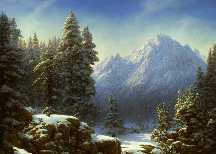 Winter landscape with snow-covered pine trees and rugged mountains