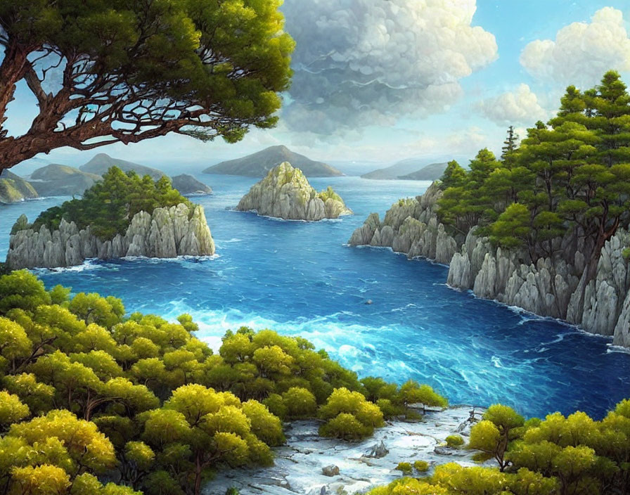 Tranquil seascape with lush greenery and towering cliffs