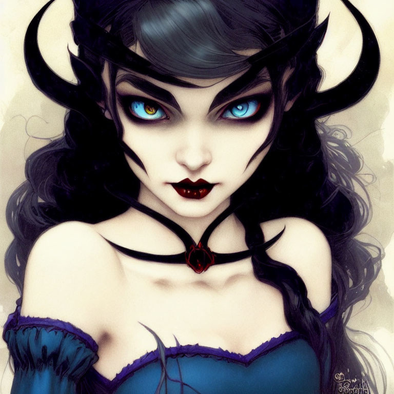 Stylized female character with pale skin, blue eyes, black hair, and gothic aesthetic