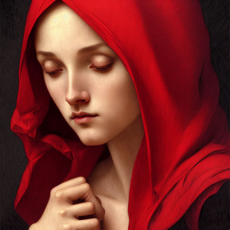 Young woman with fair skin in vibrant red hood with closed eyes