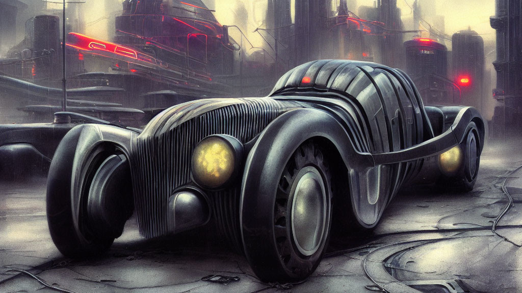 Futuristic black car with classic design in neon-lit cityscape