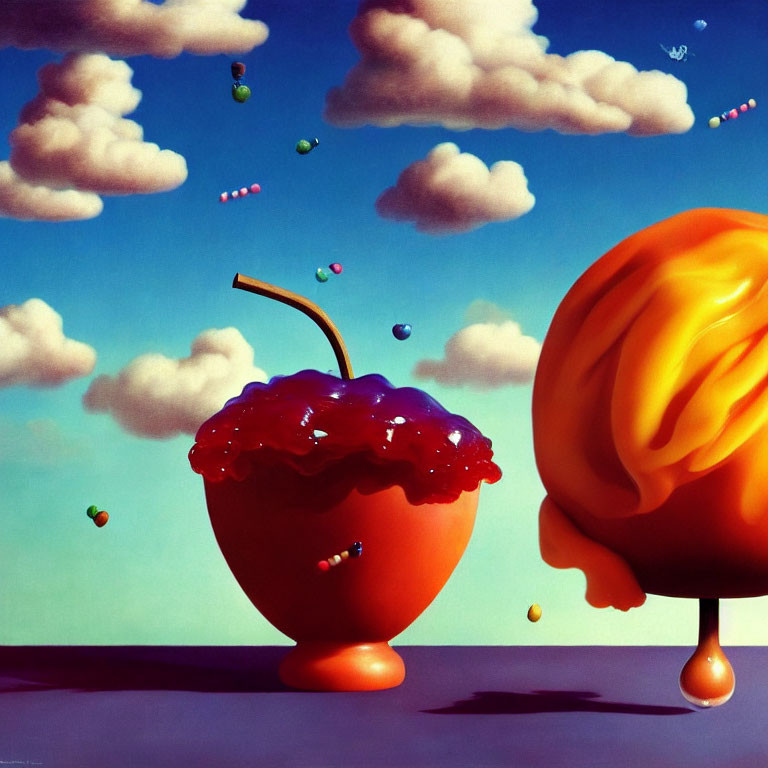 Colorful still life painting with orange, ice cream, and candies on blue sky background