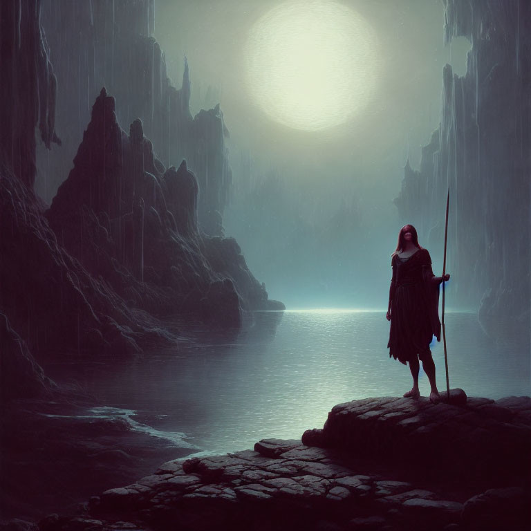 Figure in Red Cloak with Spear Overlooking Moonlit Waterway