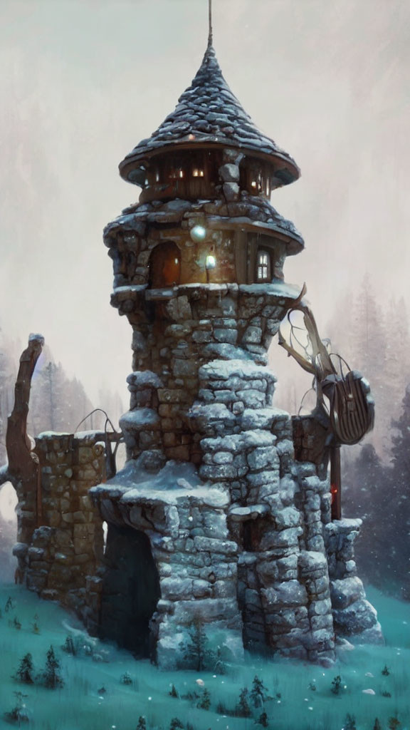 Stone tower with conical roof in snowy landscape and warm light from windows.