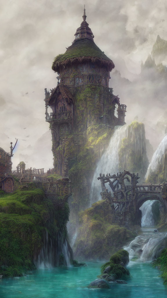 Ethereal fantasy landscape with ancient wooden structure and waterfalls