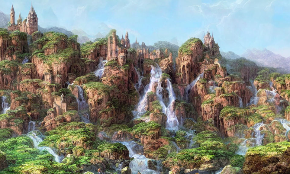 Fantasy landscape with waterfalls, castle spires, and lush greenery