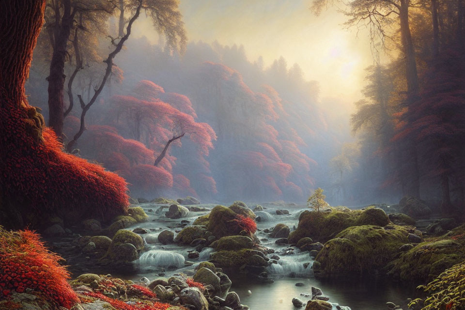 Tranquil forest creek with moss-covered rocks and red foliage at sunrise