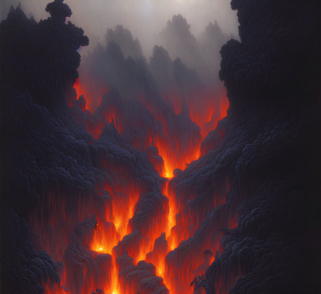 Ethereal landscape: rivers of lava amid rugged terrain