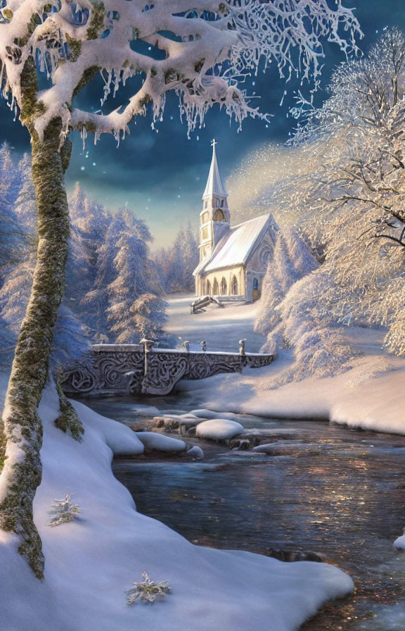 Snowy church by frozen stream in twilight landscape