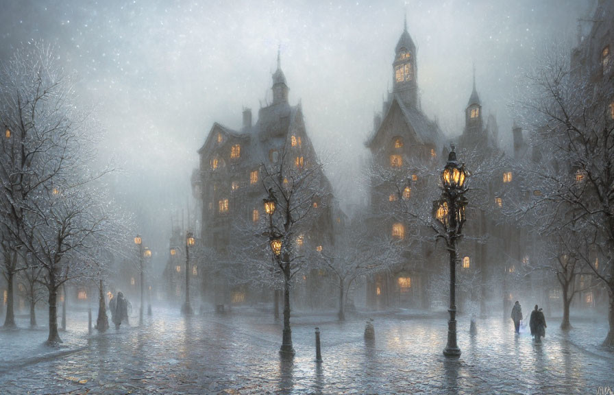 Snowy Evening Scene: People Walking by Old Illuminated Building