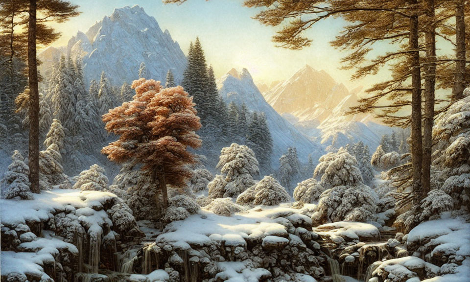 Snow-covered winter landscape with orange-leafed tree and mountains.