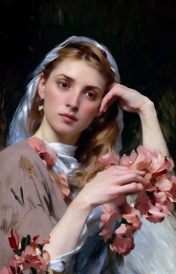 Classic Painting: Woman with Translucent Veil and Pink Flowers