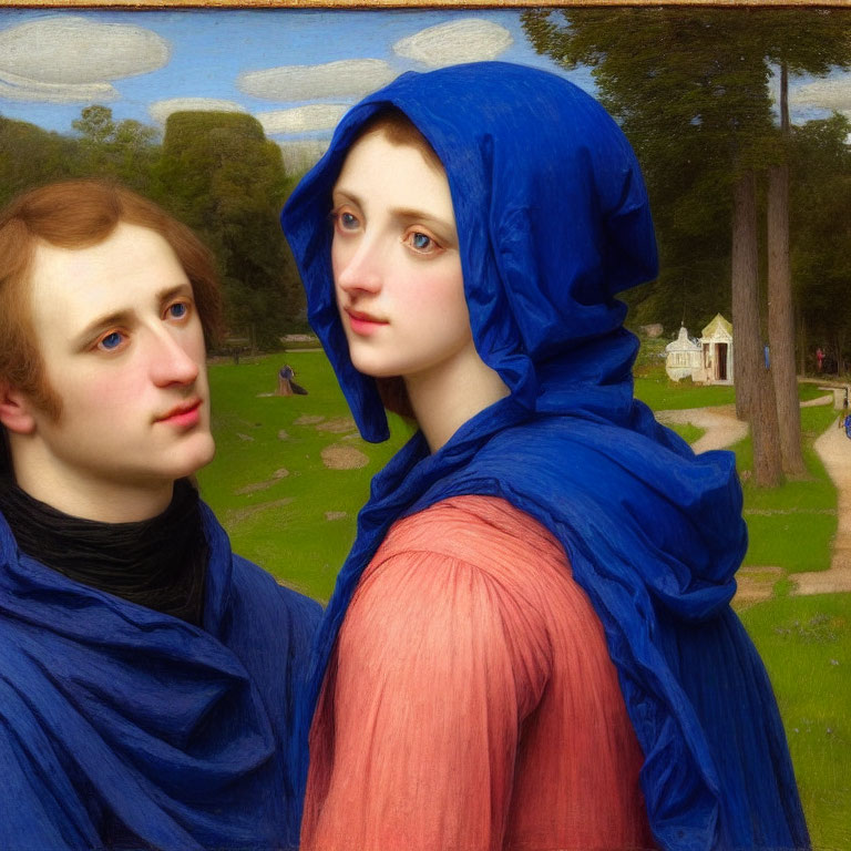 Classic Painting: Woman in Blue Shawl with Man in Black in Pastoral Landscape