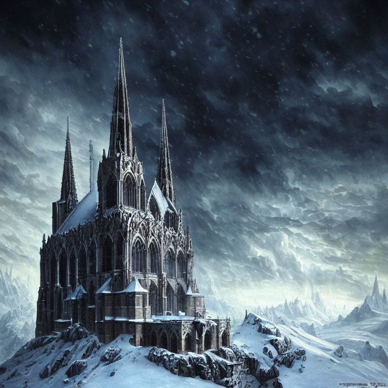 Gothic cathedral in snowy landscape under cloudy sky