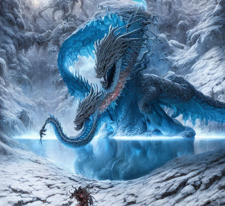 Blue dragon with icy spikes by frozen lake in snow-covered forest