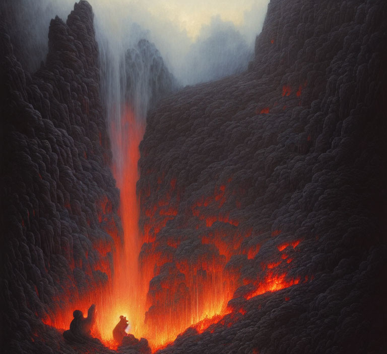 Volcanic landscape with flowing lava and smoke against dimly lit sky