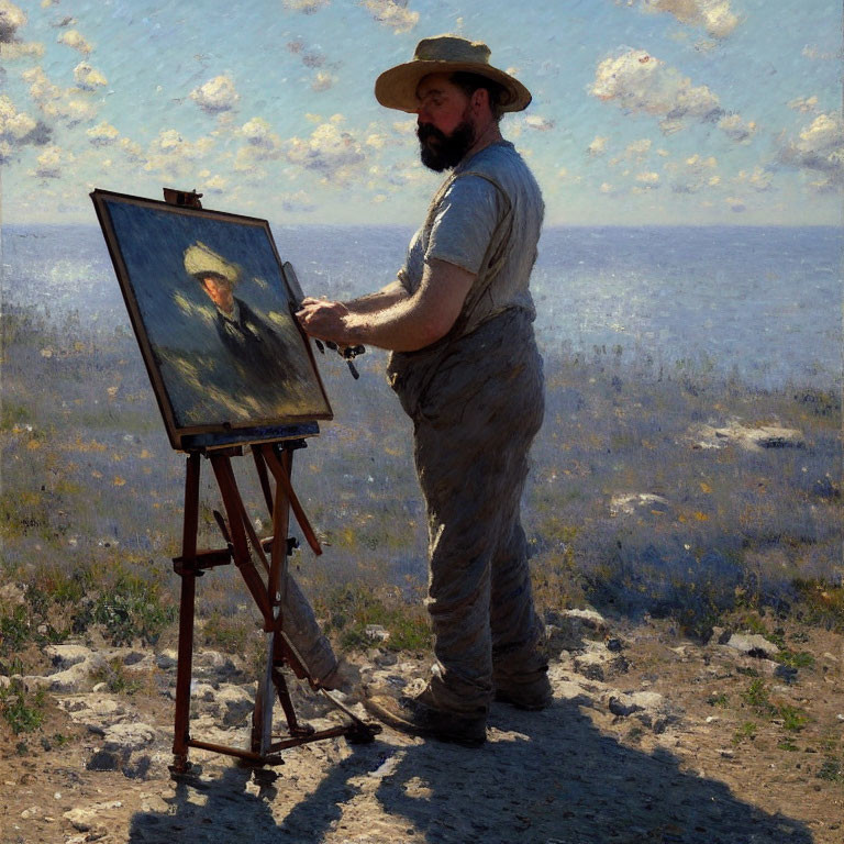 Artist painting outdoors with hat under cloudy sky